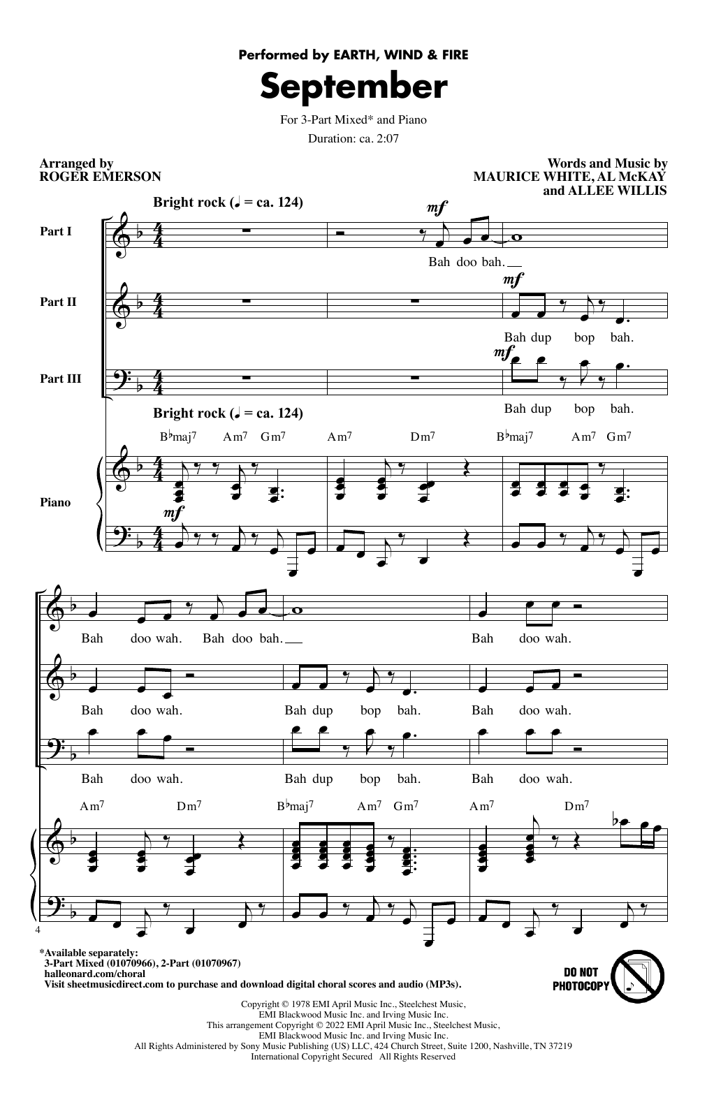 Earth, Wind & Fire September (arr. Roger Emerson) Sheet Music Notes & Chords for 3-Part Mixed Choir - Download or Print PDF