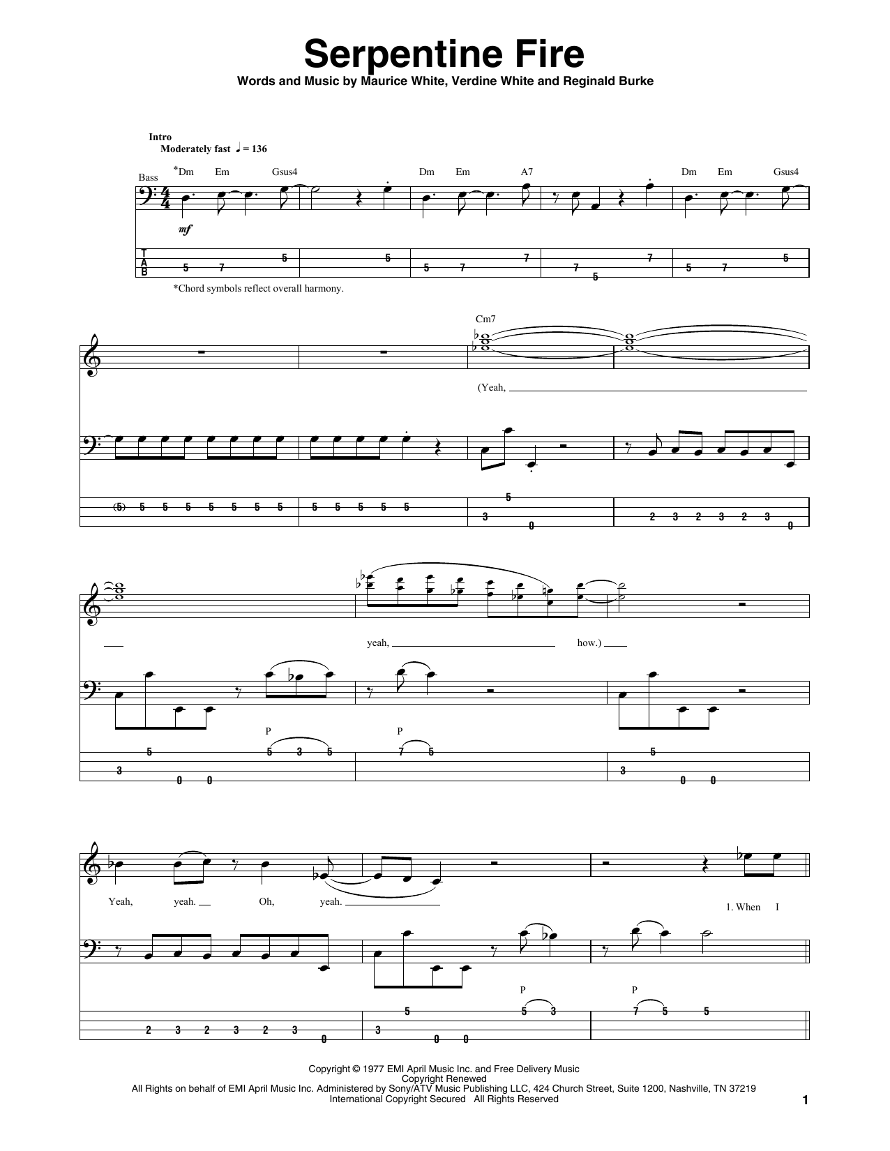 Earth, Wind & Fire Serpentine Fire Sheet Music Notes & Chords for Bass Guitar Tab - Download or Print PDF