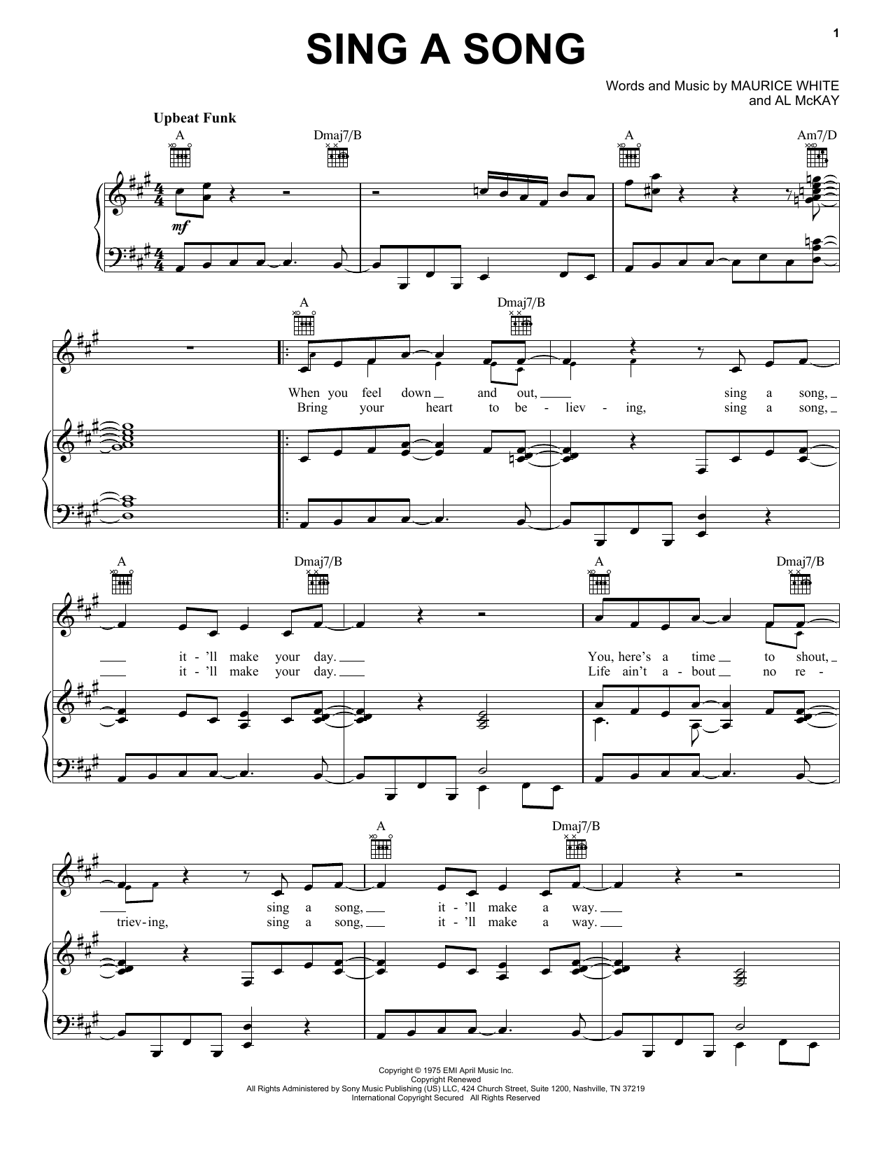 Earth, Wind & Fire Sing A Song Sheet Music Notes & Chords for Piano, Vocal & Guitar Chords (Right-Hand Melody) - Download or Print PDF