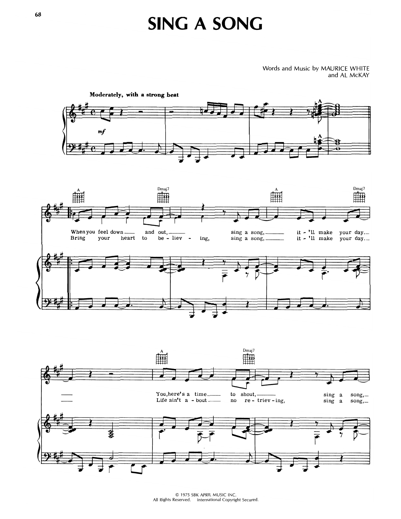 Earth, Wind & Fire Sing A Song Sheet Music Notes & Chords for Piano, Vocal & Guitar Chords (Right-Hand Melody) - Download or Print PDF