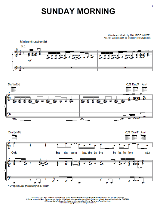 Earth, Wind & Fire Sunday Morning Sheet Music Notes & Chords for Piano, Vocal & Guitar (Right-Hand Melody) - Download or Print PDF