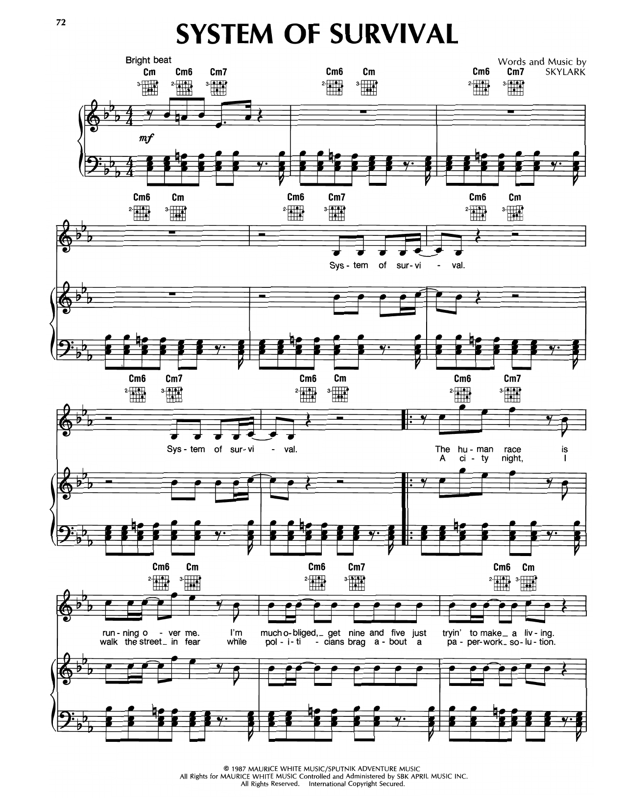 Earth, Wind & Fire System Of Survival Sheet Music Notes & Chords for Piano, Vocal & Guitar Chords (Right-Hand Melody) - Download or Print PDF Earth, Wind & Fire System Of Survival Sheet Music Notes & Chords for Piano, Vocal & Guitar Chords (Right-Hand Melody) - Download or Print PDF