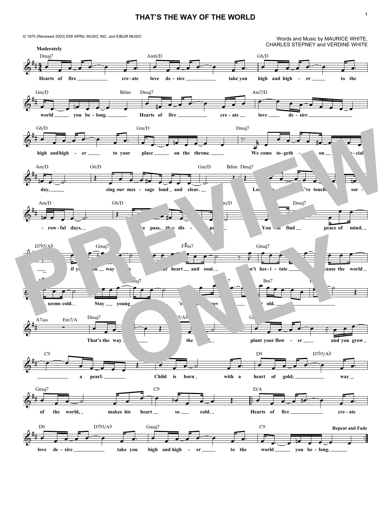 Earth, Wind & Fire That's The Way Of The World Sheet Music Notes & Chords for Melody Line, Lyrics & Chords - Download or Print PDF