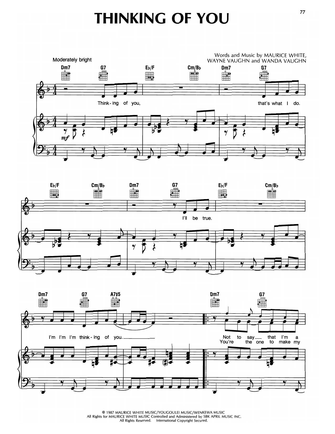 Earth, Wind & Fire Thinking Of You Sheet Music Notes & Chords for Piano, Vocal & Guitar Chords (Right-Hand Melody) - Download or Print PDF