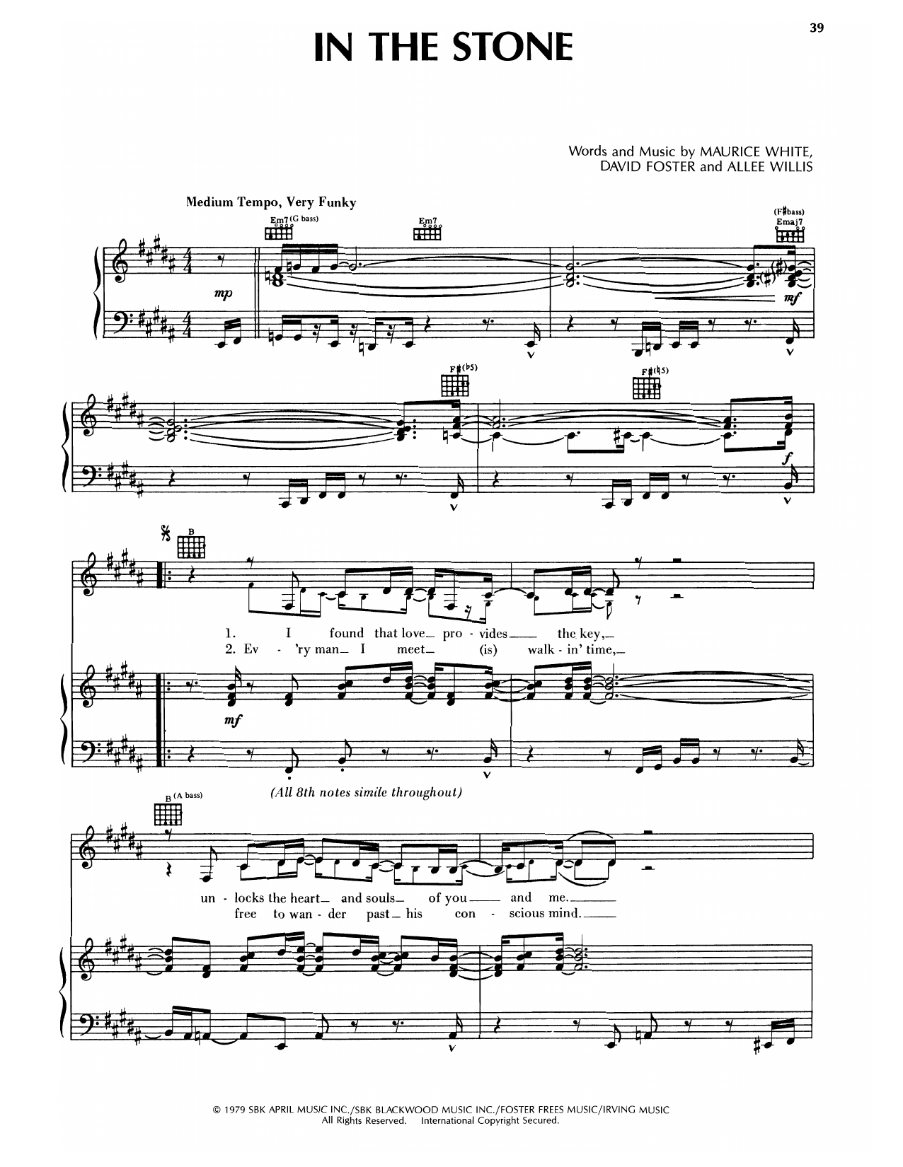 Earth, Wind & Fire In The Stone Sheet Music Notes & Chords for Piano, Vocal & Guitar Chords (Right-Hand Melody) - Download or Print PDF