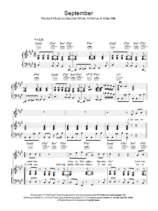 Earth, Wind and Fire September Sheet Music Notes & Chords for Piano, Vocal & Guitar - Download or Print PDF