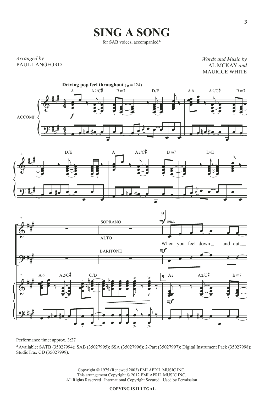 Earth, Wind & Fire Sing A Song (arr. Paul Langford) Sheet Music Notes & Chords for SAB Choir - Download or Print PDF