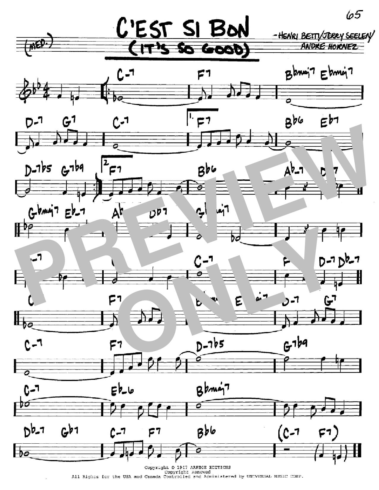 Eartha Kitt C'est Si Bon (It's So Good) Sheet Music Notes & Chords for Real Book - Melody & Chords - Bb Instruments - Download or Print PDF