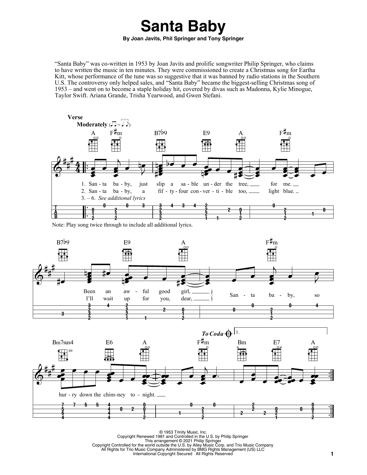 Eartha Kitt Santa Baby (arr. Fred Sokolow) Sheet Music Notes & Chords for Ukulele - Download or Print PDF