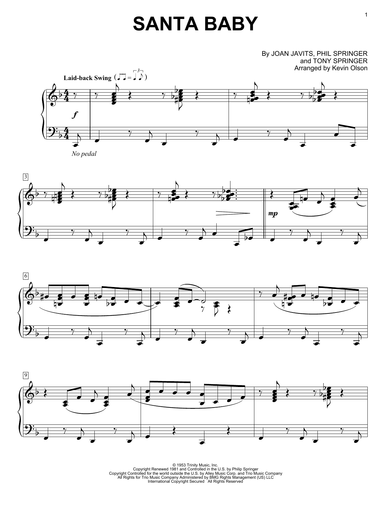 Eartha Kitt Santa Baby (arr. Kevin Olson) Sheet Music Notes & Chords for Easy Piano Solo - Download or Print PDF