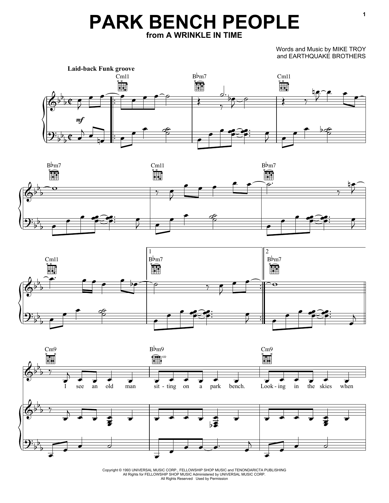 Earthquake Brothers Park Bench People (from A Wrinkle In Time) Sheet Music Notes & Chords for Easy Piano - Download or Print PDF