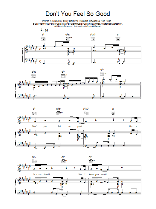 East 17 Don't You Feel So Good Sheet Music Notes & Chords for Piano, Vocal & Guitar (Right-Hand Melody) - Download or Print PDF