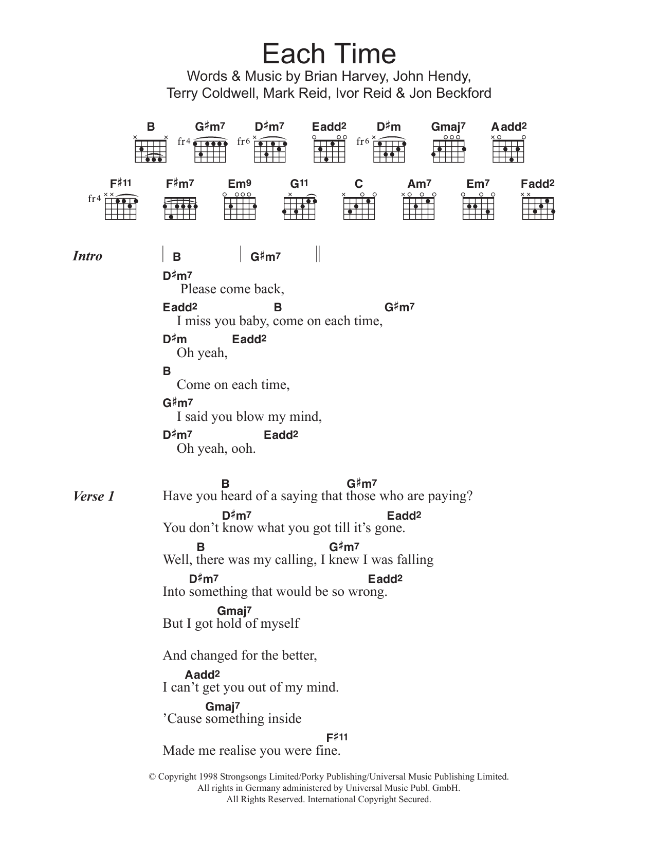 East 17 Each Time Sheet Music Notes & Chords for Lyrics & Chords - Download or Print PDF