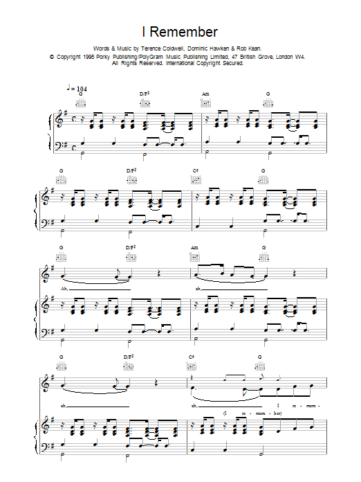 East 17 I Remember Sheet Music Notes & Chords for Piano, Vocal & Guitar (Right-Hand Melody) - Download or Print PDF