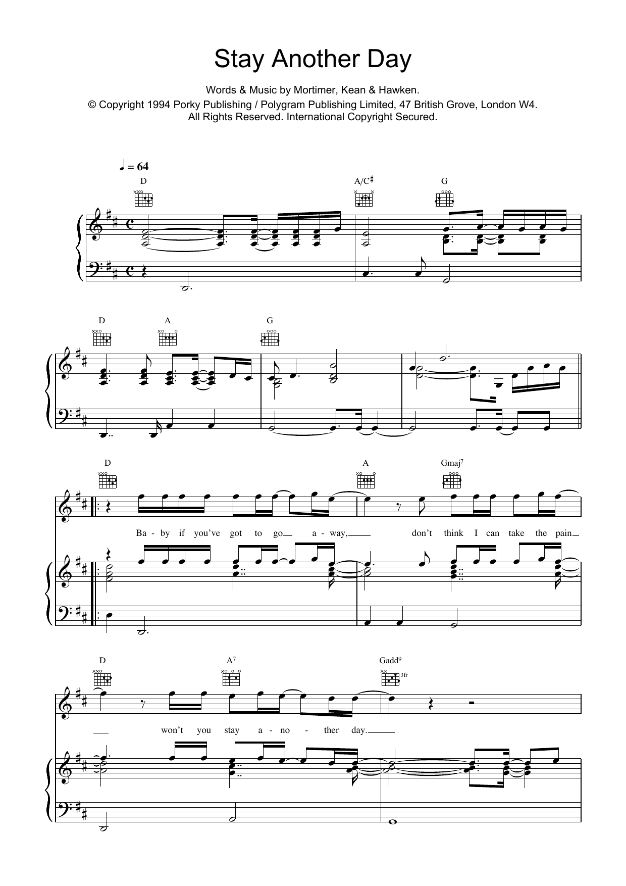 East 17 Stay Another Day Sheet Music Notes & Chords for Piano, Vocal & Guitar (Right-Hand Melody) - Download or Print PDF