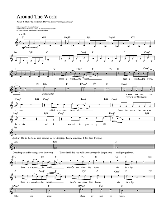 Preview East 17 Around The World Pop sheet music, notes and chords for Melody Line, Lyrics & Chords, SKU: 13950 Around The World sheet music