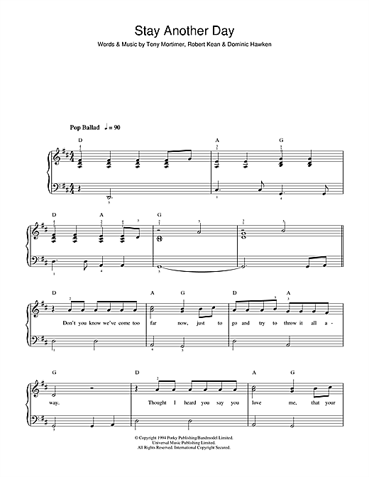 Preview East 17 Stay Another Day Dance sheet music, notes and chords for Piano, Vocal & Guitar (Right-Hand Melody), SKU: 14983 sheet music, piano notes, chords, guitar tabs, score, transpose, transcribe, how to play, guide, download, learn, tutorial, progression, song, artist, awards, billboard, mtv, vh1, tour, single, album, release
