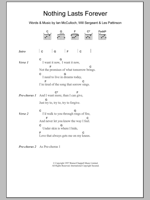 Echo & The Bunnymen Nothing Lasts Forever Sheet Music Notes & Chords for Lyrics & Chords - Download or Print PDF