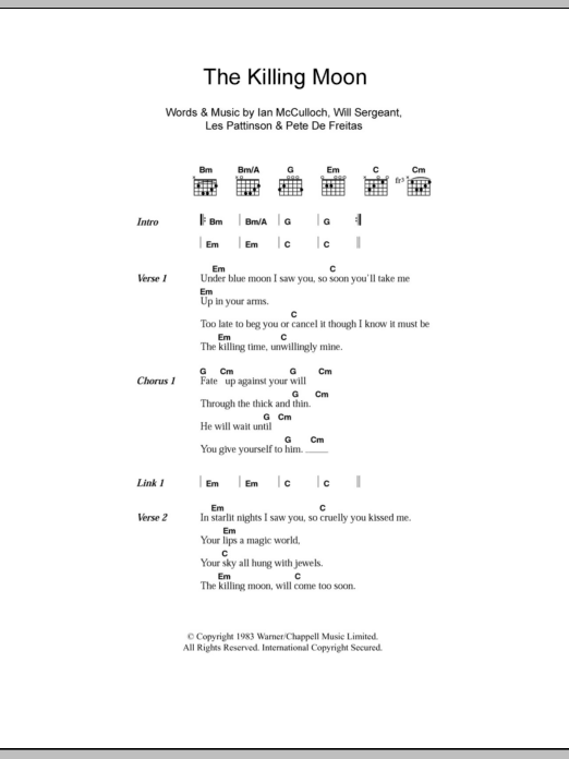 Echo & The Bunnymen The Killing Moon Sheet Music Notes & Chords for Lyrics & Chords - Download or Print PDF