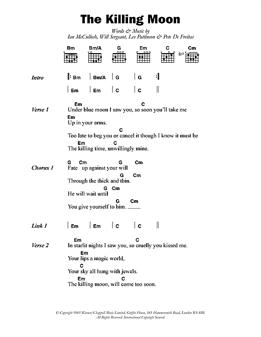 Echo & The Bunnymen The Killing Moon Sheet Music Notes & Chords for Lyrics & Chords - Download or Print PDF