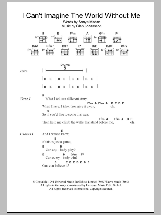 Echobelly I Can't Imagine The World Without Me Sheet Music Notes & Chords for Lyrics & Chords - Download or Print PDF