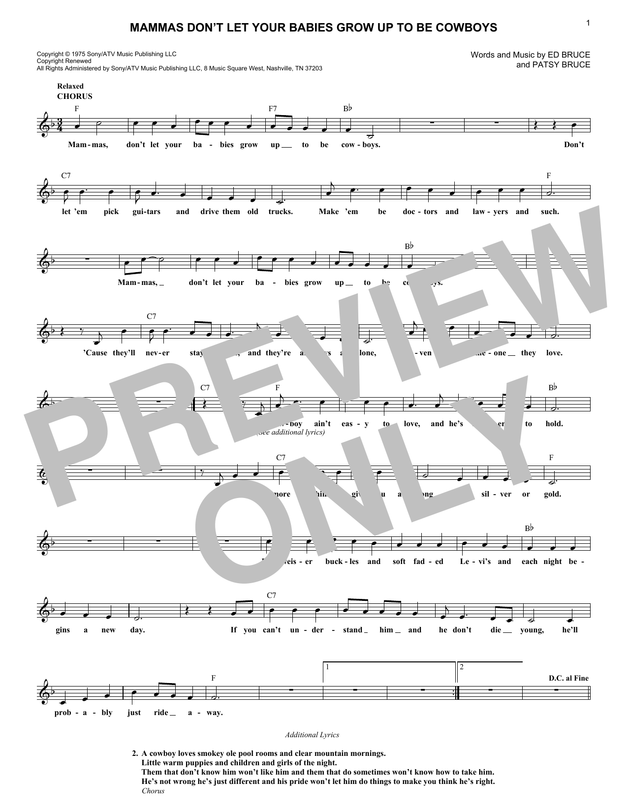 Ed Bruce Mammas Don't Let Your Babies Grow Up To Be Cowboys Sheet Music Notes & Chords for Real Book – Melody, Lyrics & Chords - Download or Print PDF