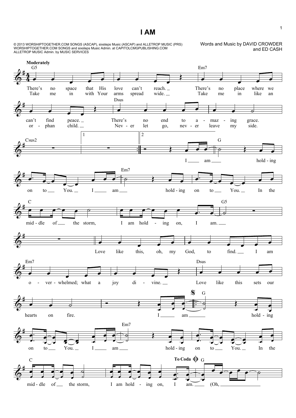 Crowder I Am Sheet Music Notes & Chords for Melody Line, Lyrics & Chords - Download or Print PDF