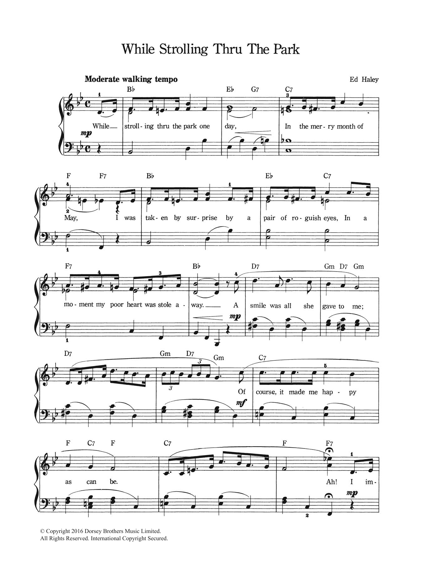 Ed Haley While Strolling Through The Park One Day Sheet Music Notes & Chords for Piano, Vocal & Guitar Chords (Right-Hand Melody) - Download or Print PDF