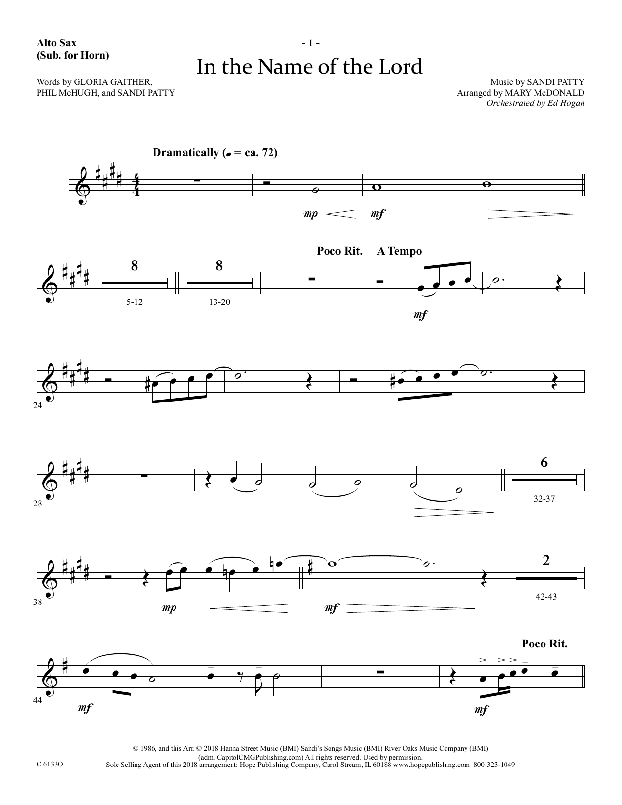 Ed Hogan In The Name Of The Lord - Alto Sax (Horn sub.) Sheet Music Notes & Chords for Choir Instrumental Pak - Download or Print PDF