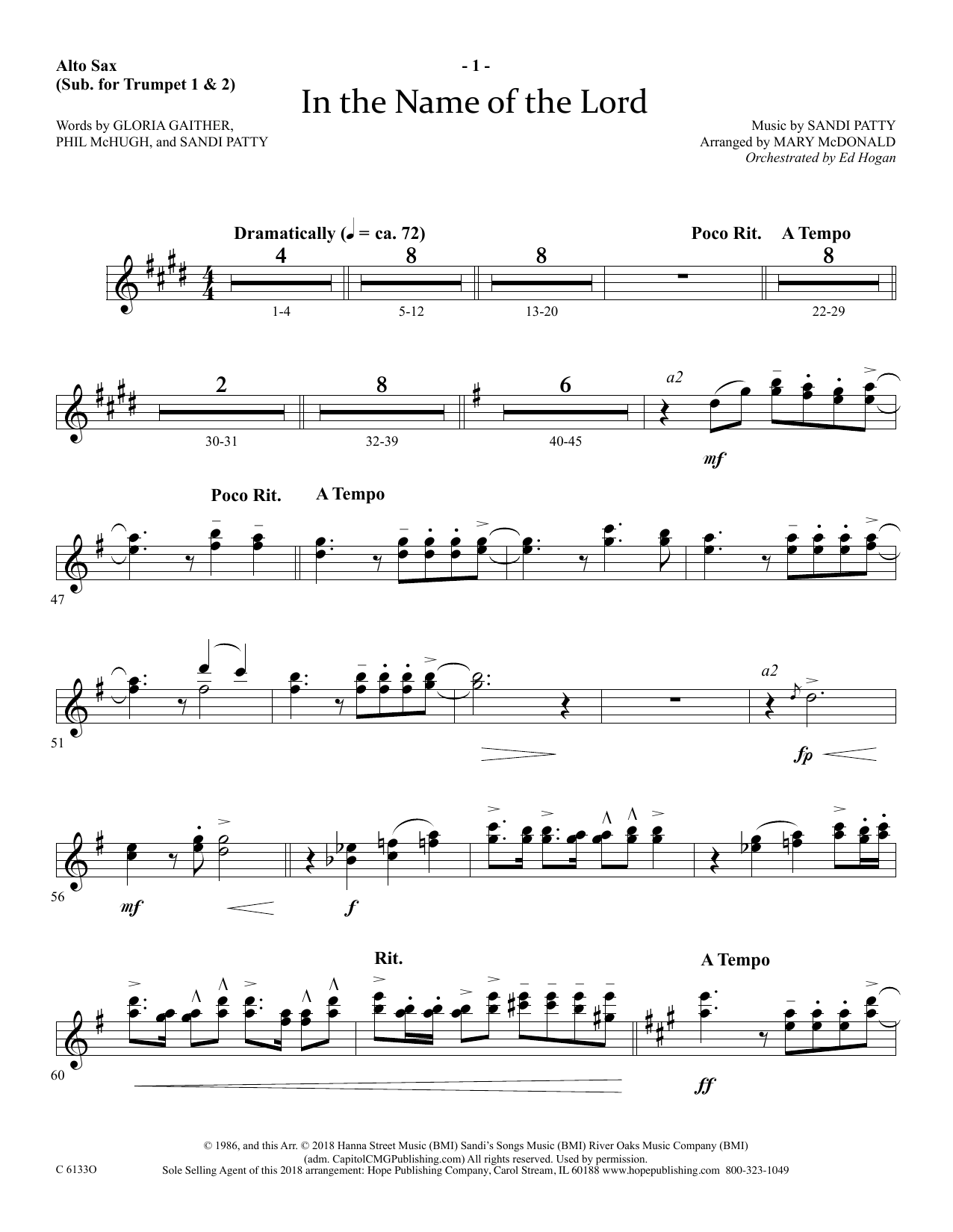 Ed Hogan In The Name Of The Lord - Alto Sax (sub. Trumpet 2) Sheet Music Notes & Chords for Choir Instrumental Pak - Download or Print PDF