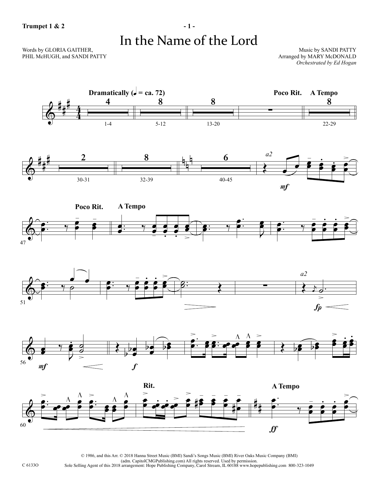 Ed Hogan In The Name Of The Lord - Bb Trumpet 1 & 2 Sheet Music Notes & Chords for Choir Instrumental Pak - Download or Print PDF