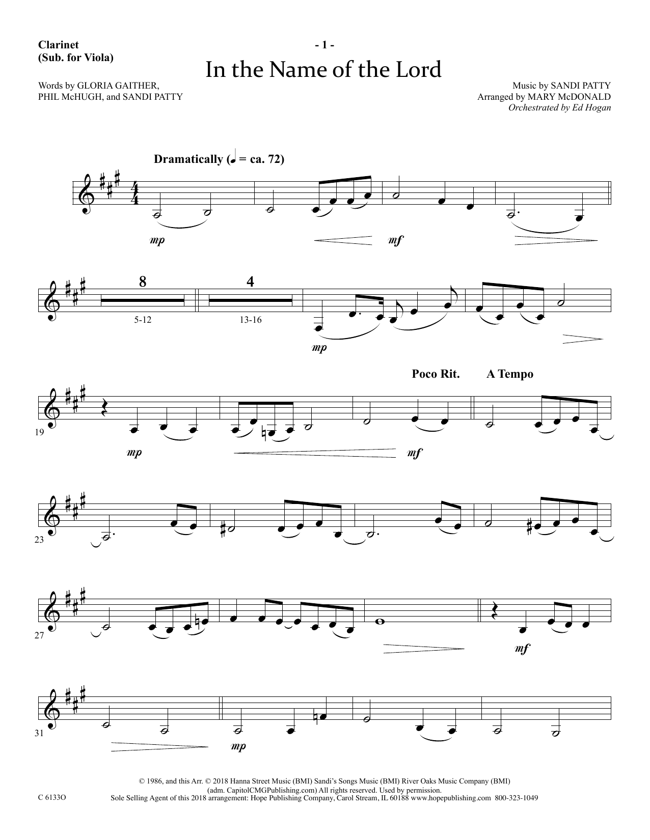 Ed Hogan In The Name Of The Lord - Clarinet (sub Viola) Sheet Music Notes & Chords for Choir Instrumental Pak - Download or Print PDF
