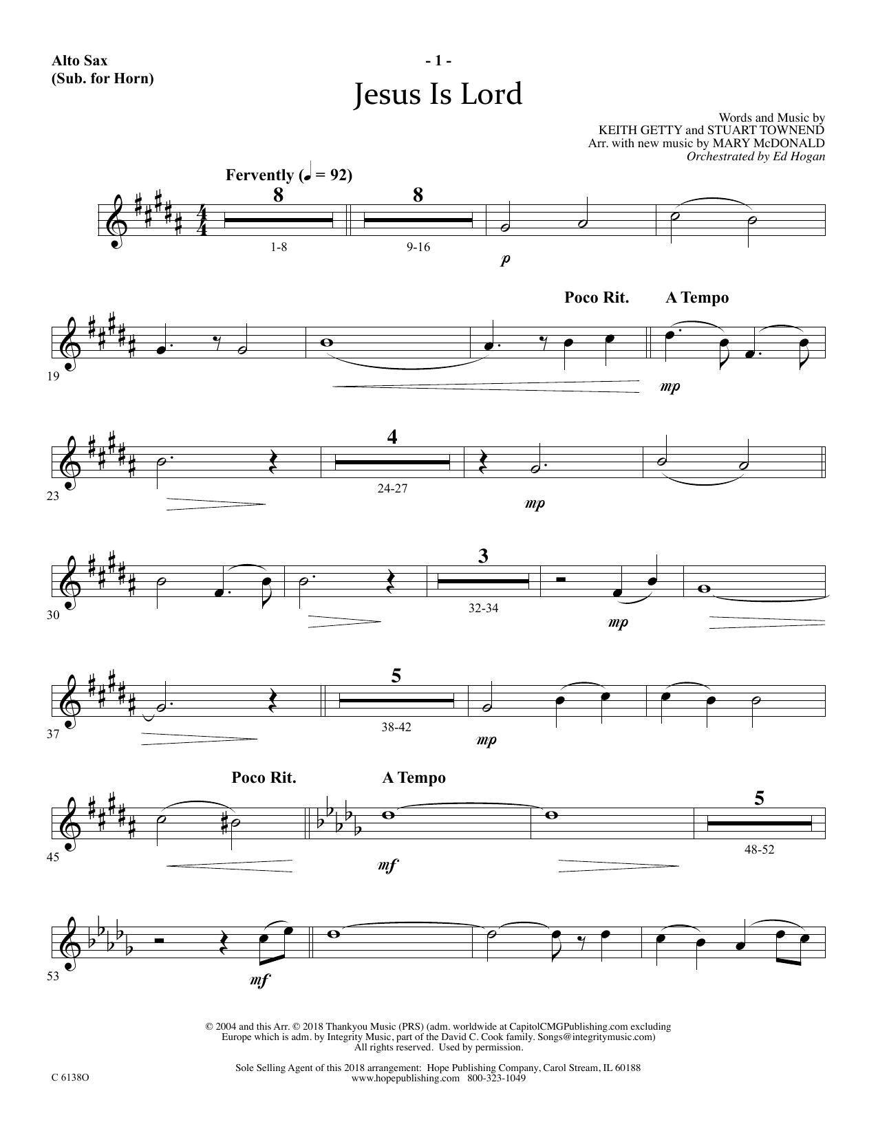 Ed Hogan Jesus Is Lord - Alto Sax (Horn sub.) Sheet Music Notes & Chords for Choir Instrumental Pak - Download or Print PDF