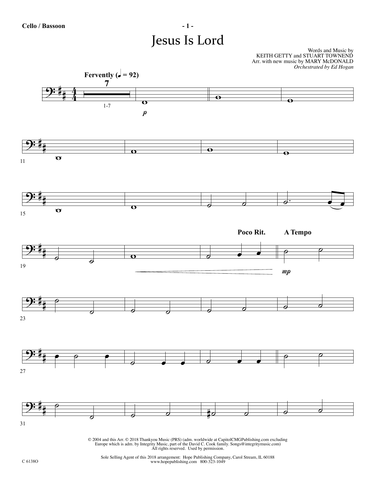 Ed Hogan Jesus Is Lord - Cello/Bassoon Sheet Music Notes & Chords for Choir Instrumental Pak - Download or Print PDF