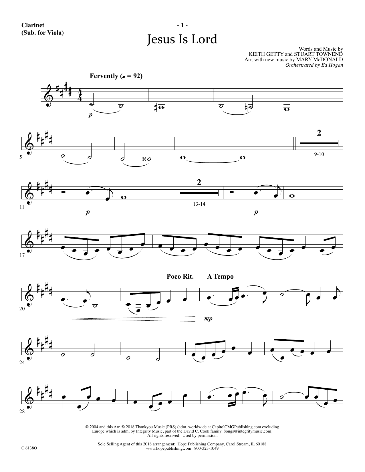 Ed Hogan Jesus Is Lord - Clarinet (sub Viola) Sheet Music Notes & Chords for Choir Instrumental Pak - Download or Print PDF