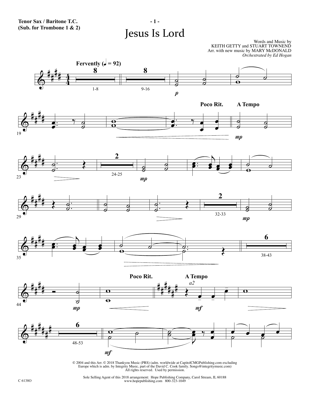 Ed Hogan Jesus Is Lord - Tenor Sax/BariTC (sub Tbn 1-2) Sheet Music Notes & Chords for Choir Instrumental Pak - Download or Print PDF