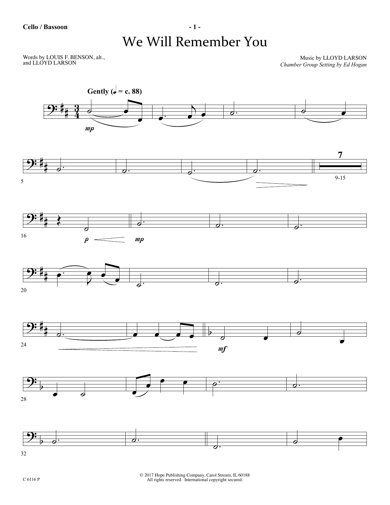 Ed Hogan We Will Remember You - Cello/Bassoon Sheet Music Notes & Chords for Choir Instrumental Pak - Download or Print PDF