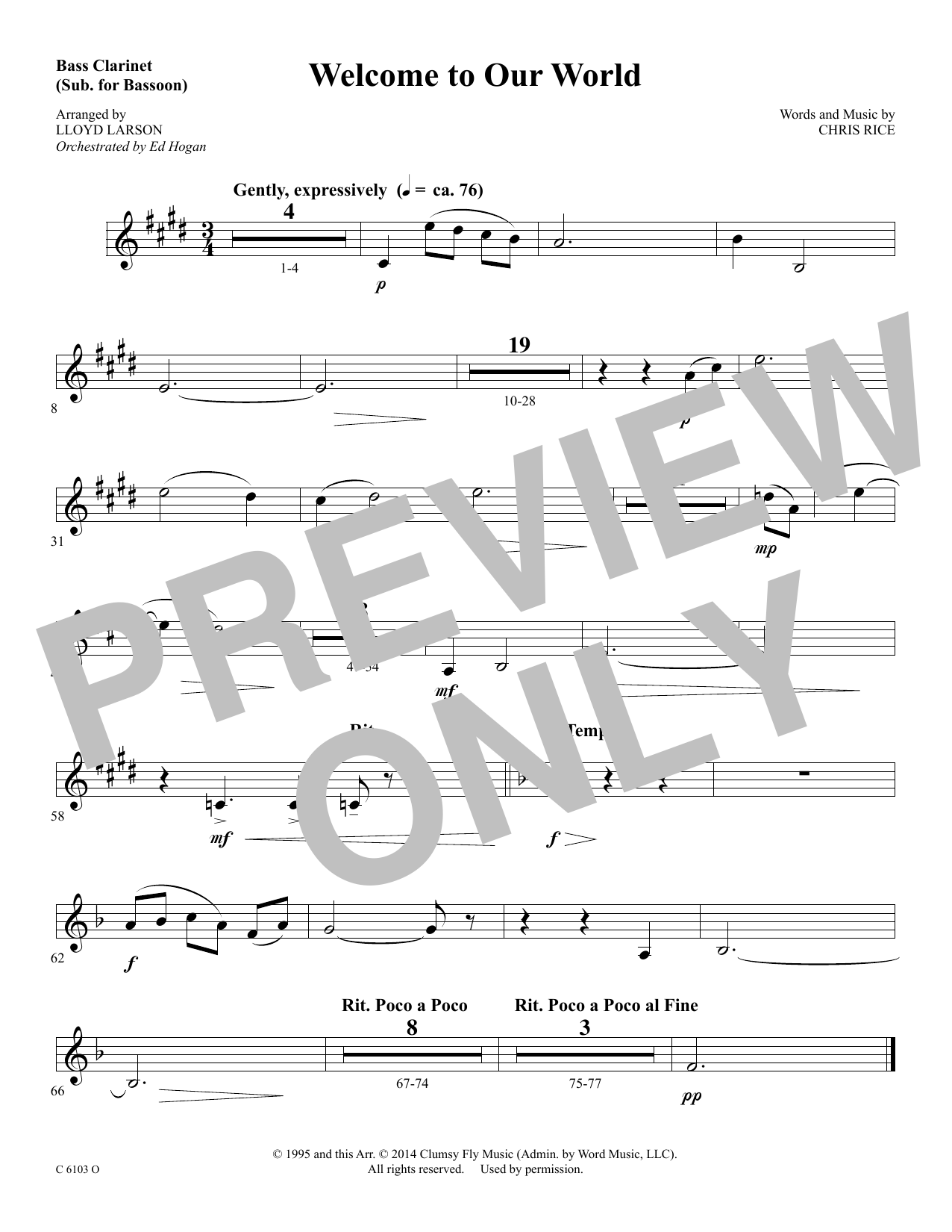 Ed Hogan Welcome to Our World - Bass Clarinet Sheet Music Notes & Chords for Choir Instrumental Pak - Download or Print PDF