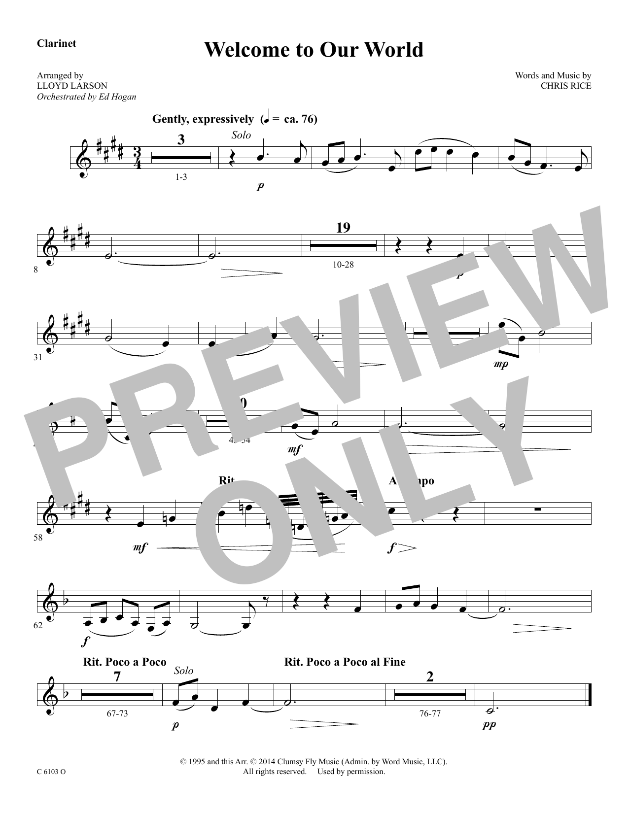 Ed Hogan Welcome to Our World - Bb Clarinet Sheet Music Notes & Chords for Choir Instrumental Pak - Download or Print PDF