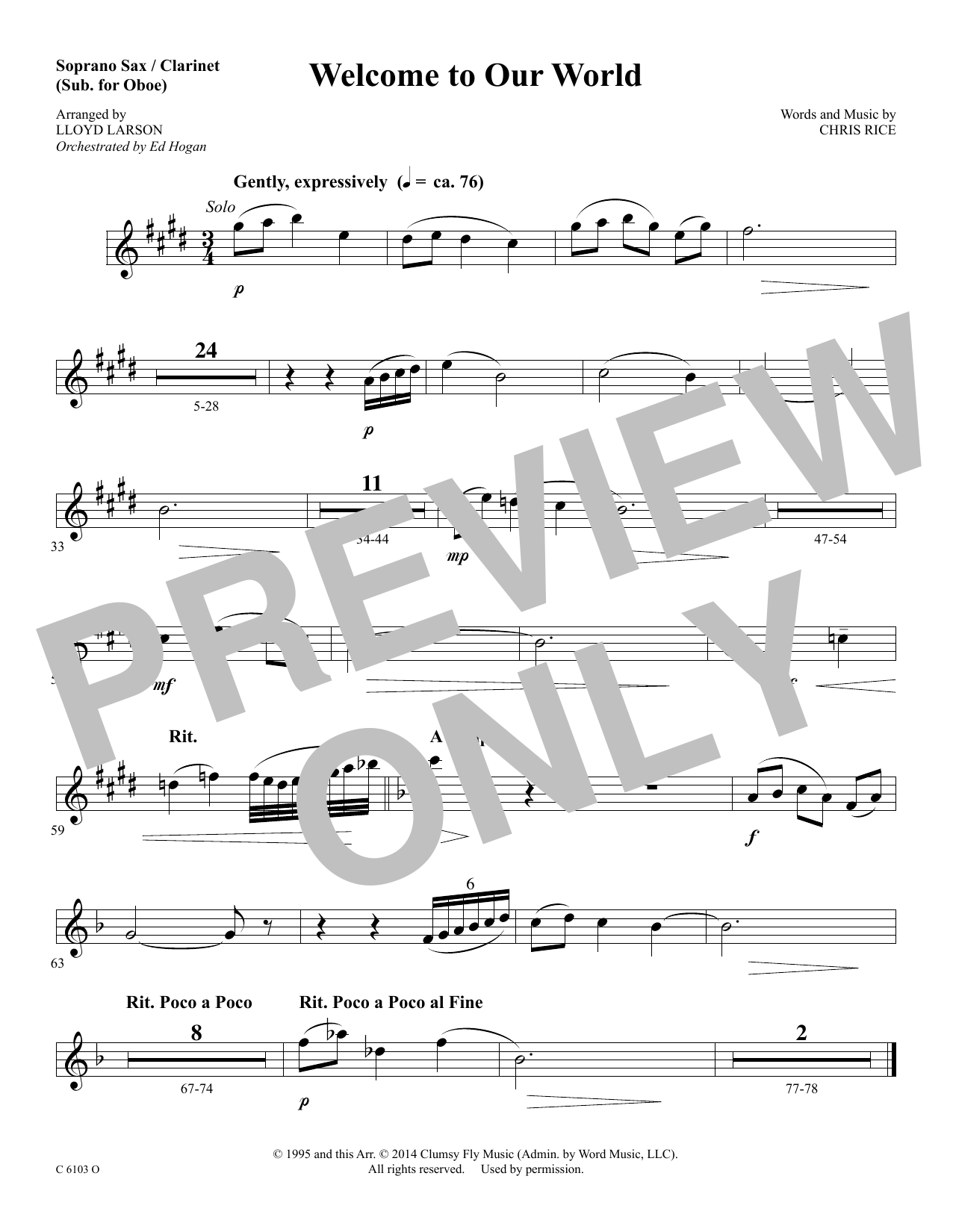 Ed Hogan Welcome to Our World - Soprano Sax/Clarinet(sub oboe) Sheet Music Notes & Chords for Choir Instrumental Pak - Download or Print PDF