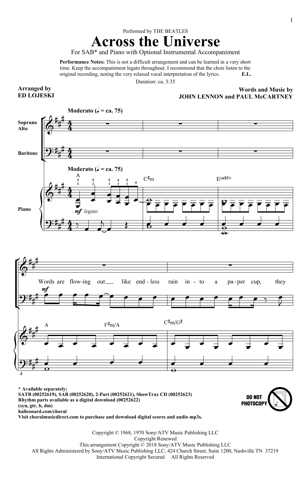 Ed Lojeski Across The Universe Sheet Music Notes & Chords for SAB - Download or Print PDF