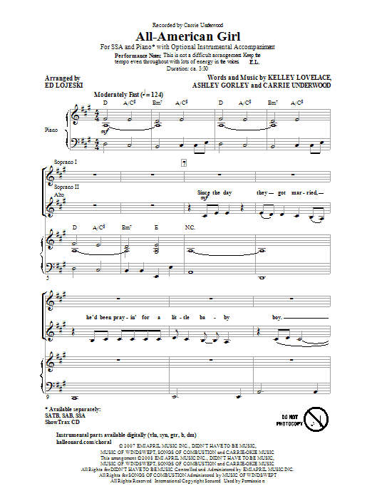 Carrie Underwood All-American Girl (arr. Ed Lojeski) Sheet Music Notes & Chords for SAB - Download or Print PDF