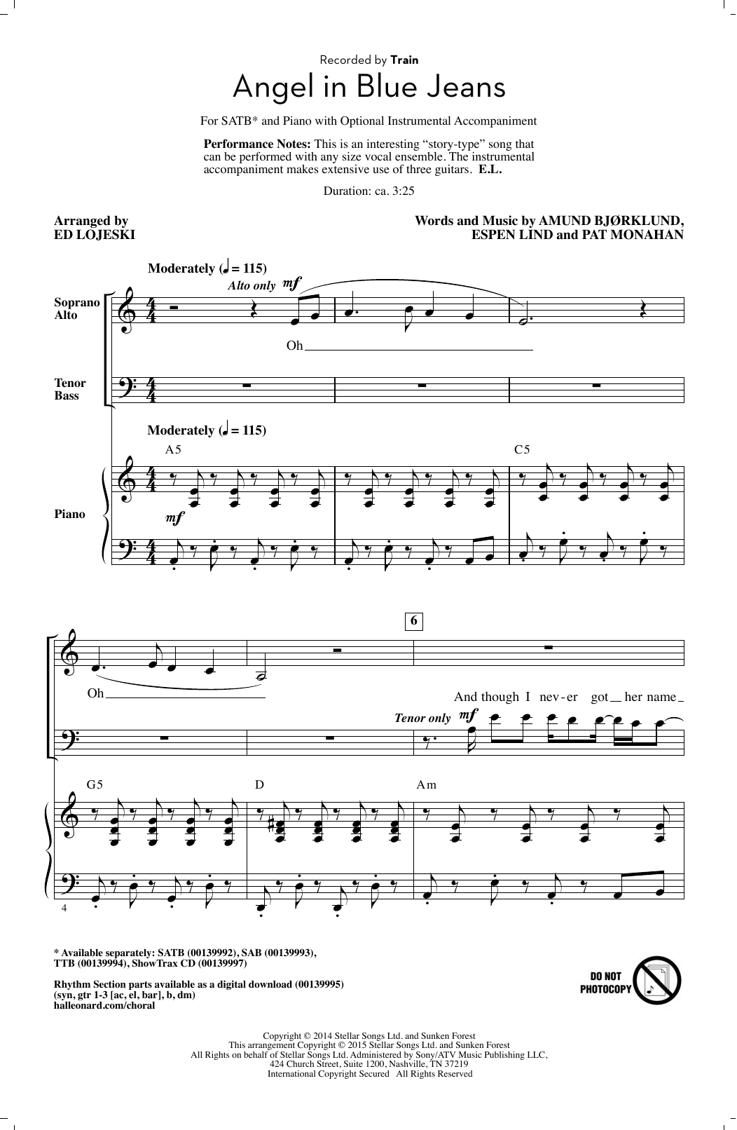 Train Angel In Blue Jeans (arr. Ed Lojeski) Sheet Music Notes & Chords for SATB - Download or Print PDF