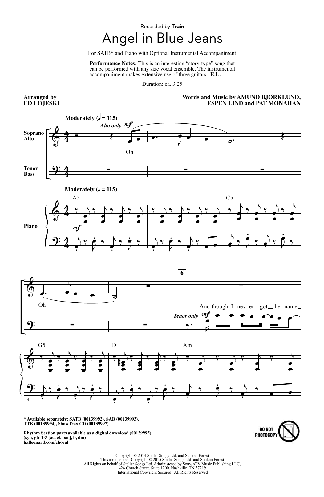 Train Angel In Blue Jeans (arr. Ed Lojeski) Sheet Music Notes & Chords for TTBB - Download or Print PDF