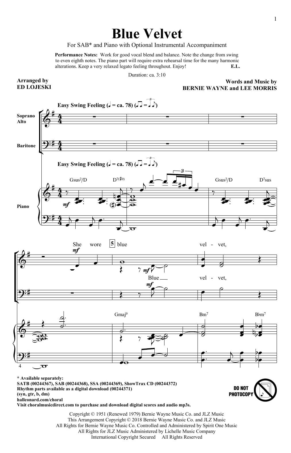 Ed Lojeski Blue Velvet Sheet Music Notes & Chords for SSA - Download or Print PDF