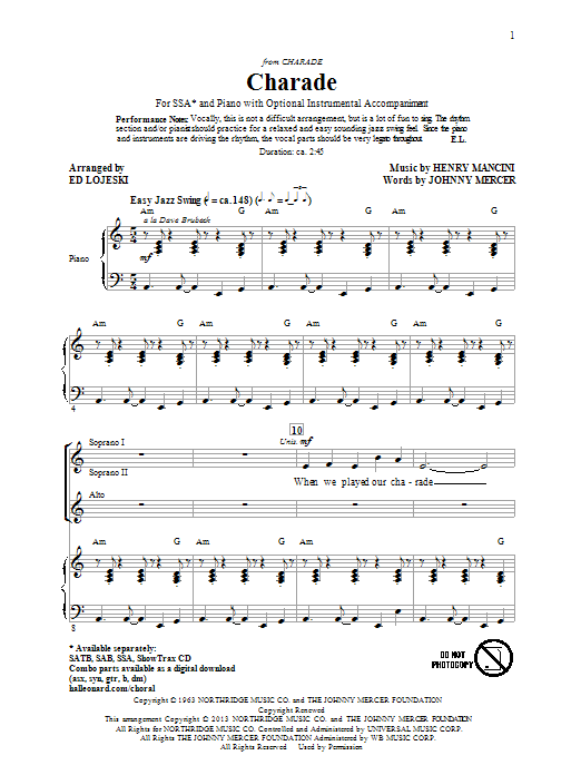 Henry Mancini Charade (arr. Ed Lojeski) Sheet Music Notes & Chords for SATB - Download or Print PDF