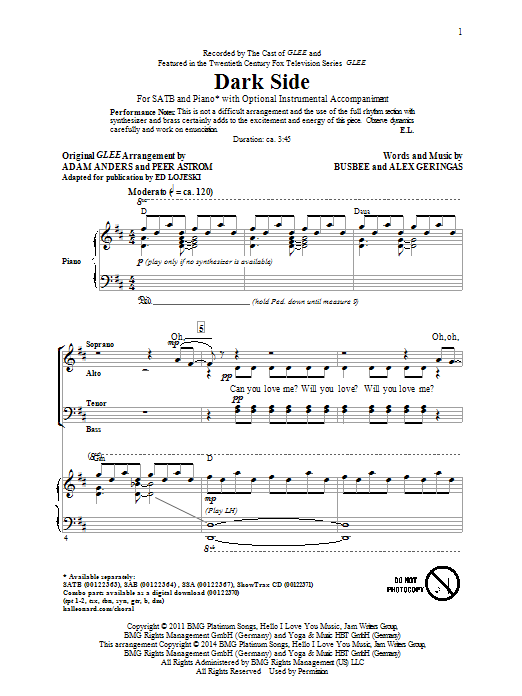 Kelly Clarkson Dark Side (arr. Ed Lojeski) Sheet Music Notes & Chords for SATB - Download or Print PDF