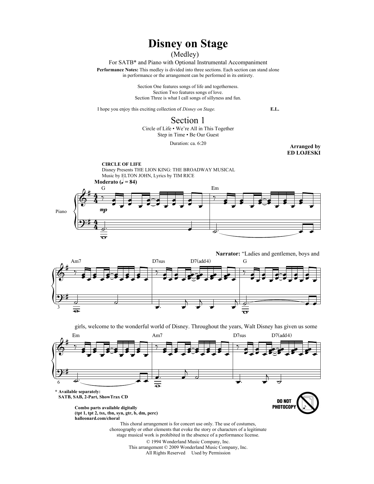 Ed Lojeski Disney On Stage (Medley) Sheet Music Notes & Chords for SAB - Download or Print PDF