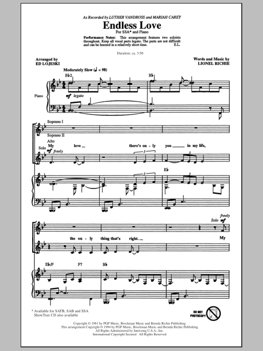 Lionel Richie Endless Love (arr. Ed Lojeski) Sheet Music Notes & Chords for SSA - Download or Print PDF