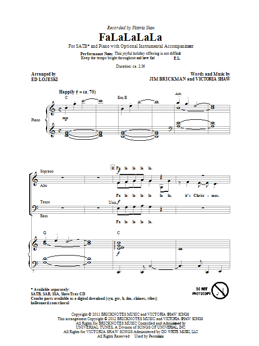 Victoria Shaw FaLaLaLaLa (arr. Ed Lojeski) Sheet Music Notes & Chords for SAB - Download or Print PDF